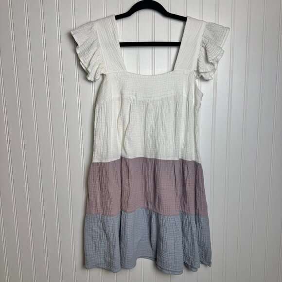 Entro Colorblock Gauze Square Neck Ruffle Sleeve Dress I9 - Picture 1 of 5